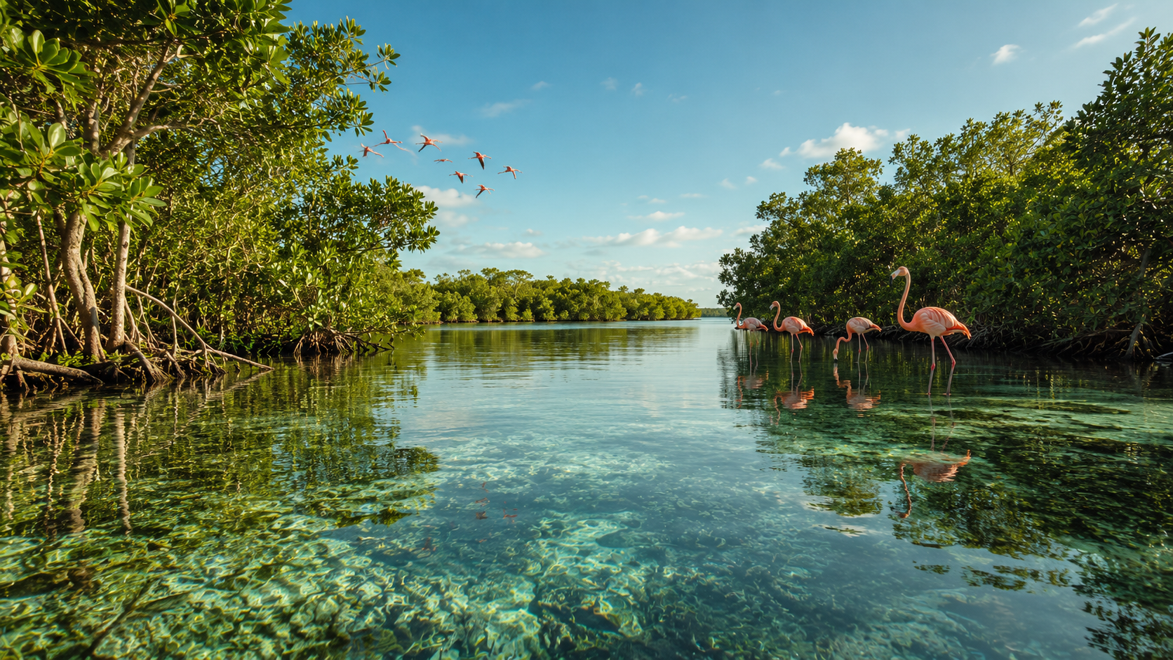 Manglar con flamencos rosados cerca de Sisal, Yucatán, en la ruta hacia Campeche