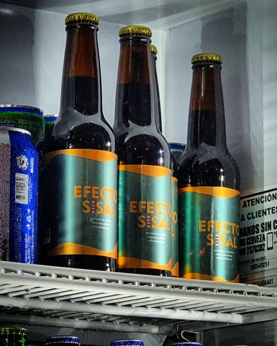 Botellas de Cerveza Sisal bien frías en el refrigerador